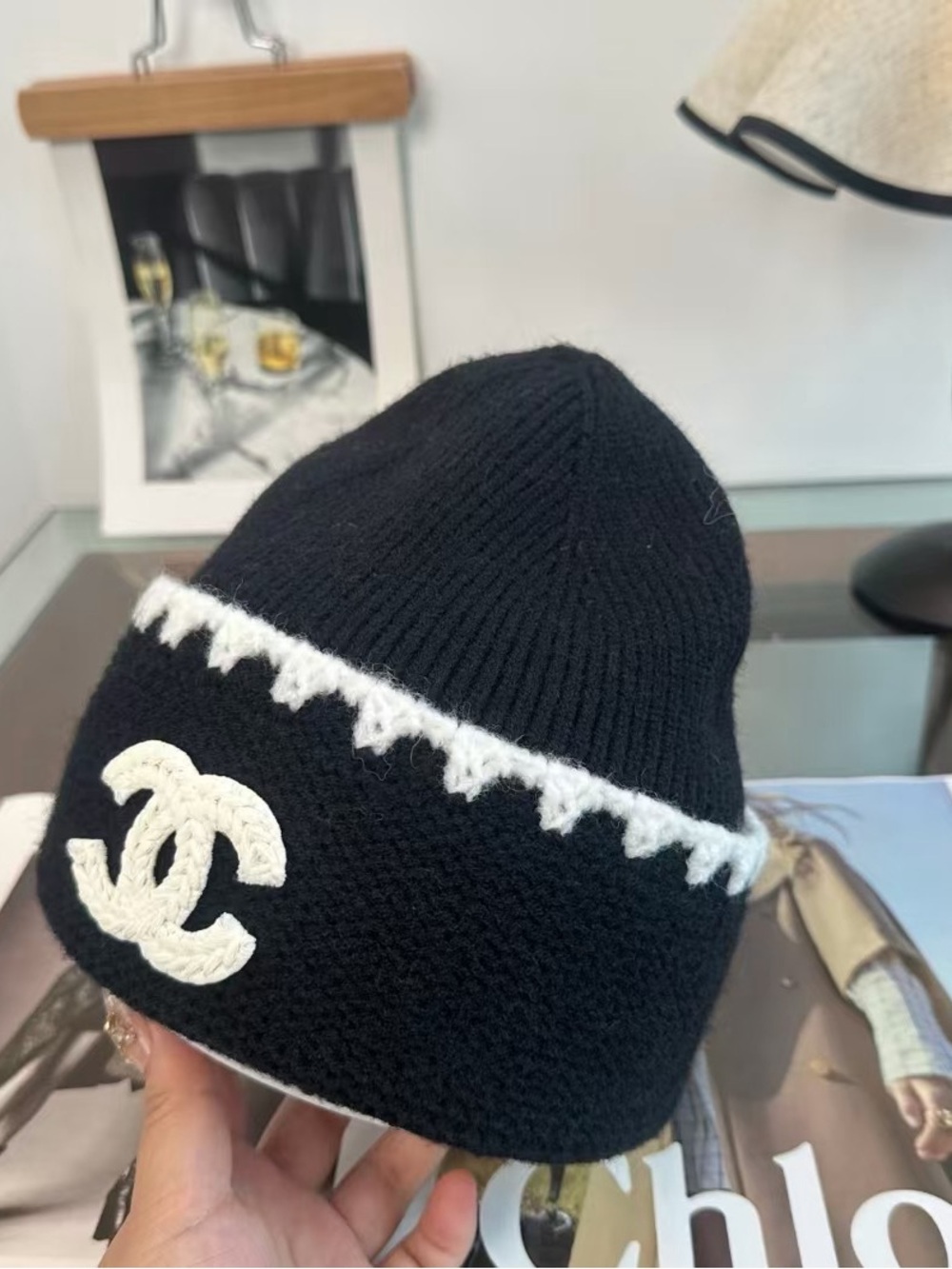 Chanel Black and White Knit Beanie with Designer Logo Accent